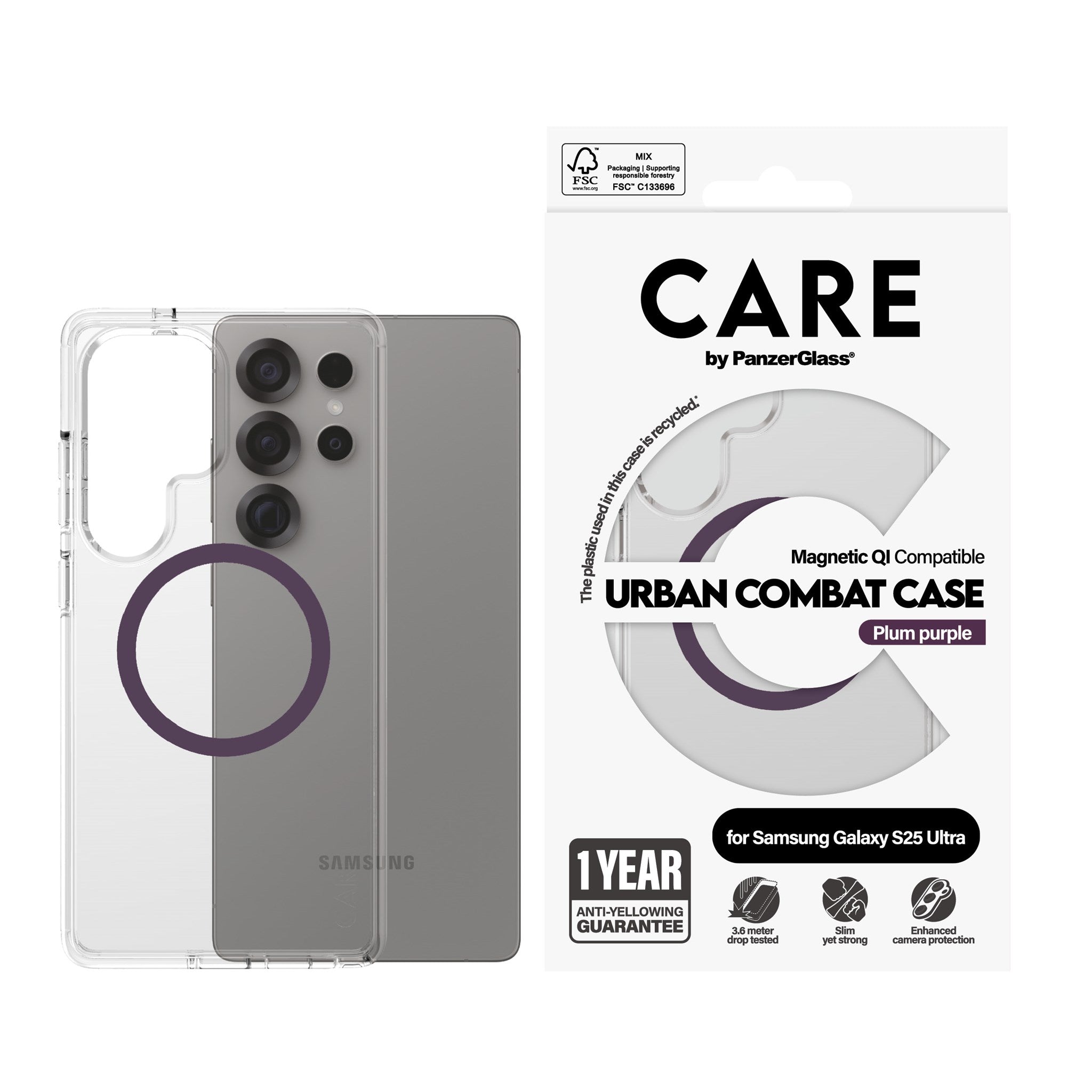 CARE by PanzerGlass® Flagship Case Transparent Urban Combat m. Plum Purple Qi Compatible Samsung Galaxy S25 Ultra